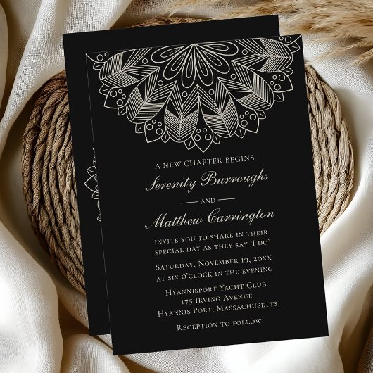 Mandala Boho Indian Elegant Black Wedding Kaart