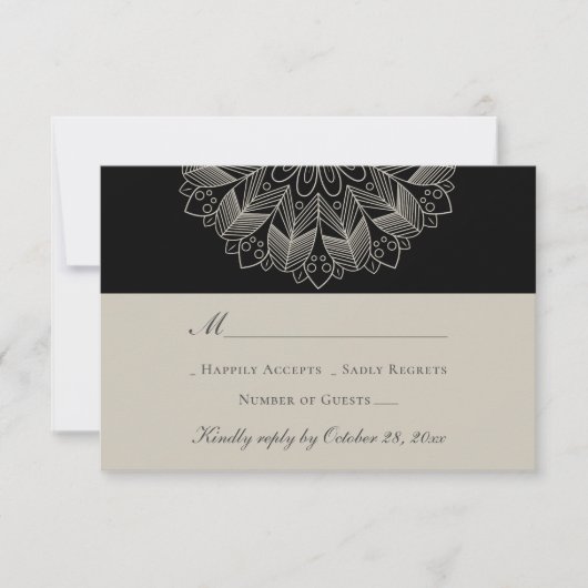Mandala Boho Indian Elegant Black Wedding RSVP Kaartje (Voorkant)