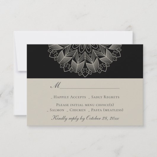 Mandala Boho Indian Elegant Black Wedding RSVP Kaartje (Voorkant)