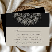 Mandala Boho Indian Elegant Black Wedding RSVP Kaartje