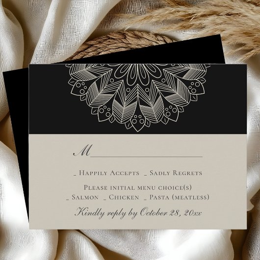 Mandala Boho Indian Elegant Black Wedding RSVP Kaartje