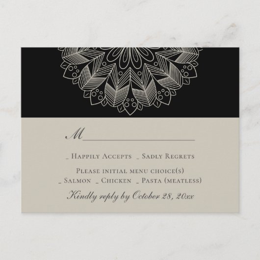 Mandala Boho Indian Elegant Black Wedding RSVP Uitnodiging Briefkaart (Voorkant)