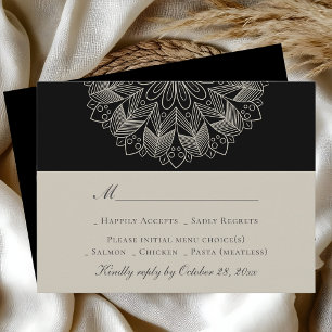 Mandala Boho Indische Elegante Zwarte Bruiloft RSVP Kaartje