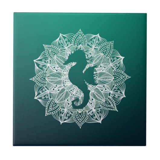 Mandala Circle Turquoise Seahorse Tegeltje (Voorkant)