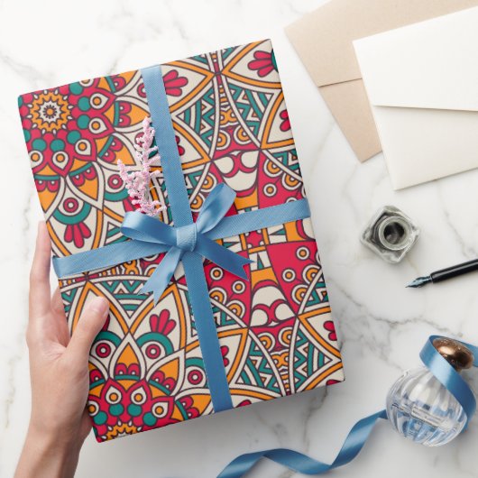 Mandala cirkels rood geel blauw cadeaupapier (Geschenken)