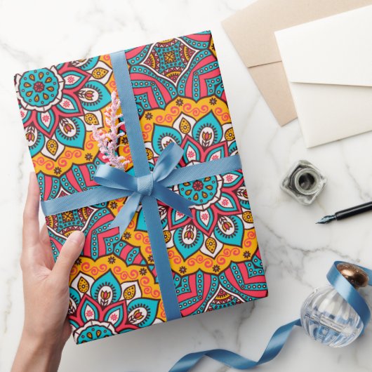 Mandala cirkels roze turkoois en geel cadeaupapier (Geschenken)