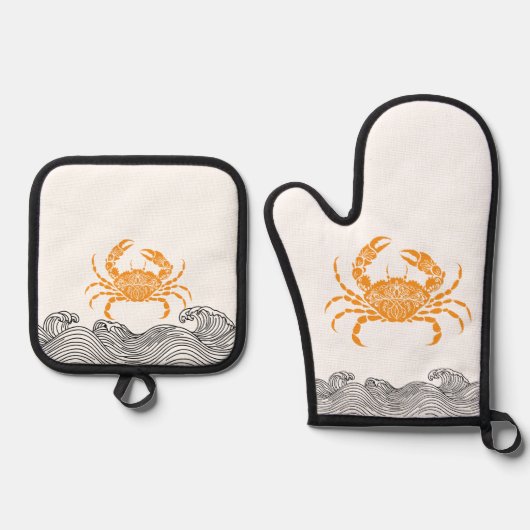 Mandala Crab  – Coastal Orange Kitchen Ovenwant & Pannenlap Set (Voorkant)