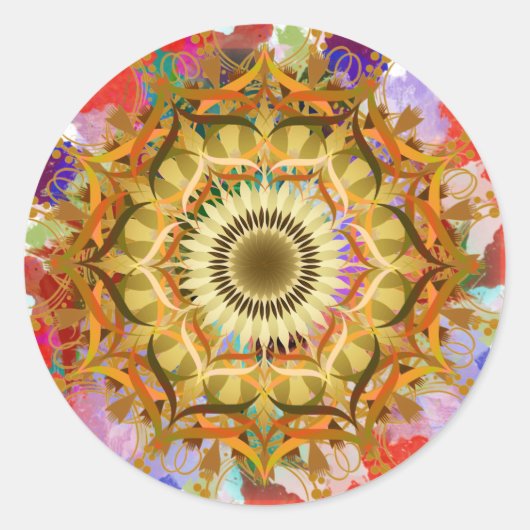 Mandala Damask Lotus Flower Art Waterverf Ronde Sticker (Voorkant)
