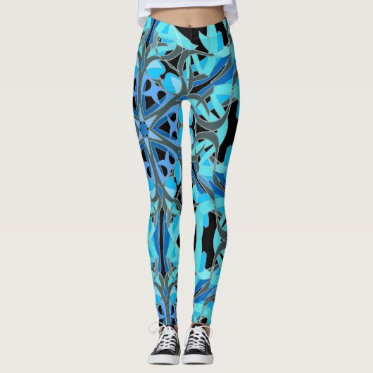 Mandala Design, Blauwe Ivy op zwart Leggings (Voorkant)