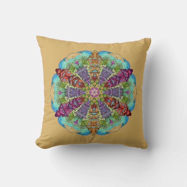 Mandala Design, Victoriaans huizen, Aqua/Tan Kussen (Voorkant)