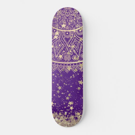 Mandala doorsturen met gouden sterren op Paars  Persoonlijk Skateboard (Voorkant)