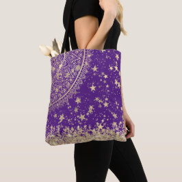 Mandala doorsturen met gouden sterren op Paars Tote Bag