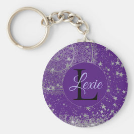 Mandala doorsturen met zilveren sterren op Paars Sleutelhanger