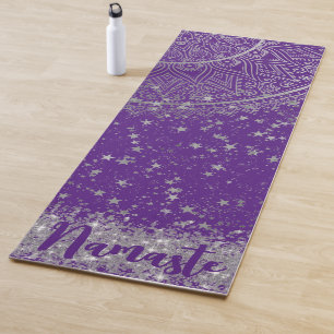 Mandala doorsturen met zilveren sterren op Paars Yogamat