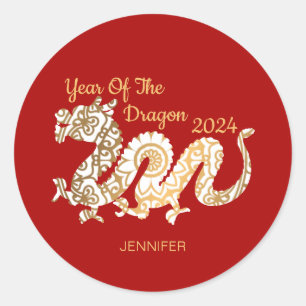 Mandala Dragon 2024 Chinees Nieuwjaar Rood Ronde Sticker