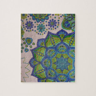 Mandala en Flowers in Aqua, Blues en Greens Legpuzzel