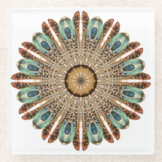 Mandala Feathers Waterverf: Natuurlijk Kant Ontwer Glazen Onderzetter (Voorkant)