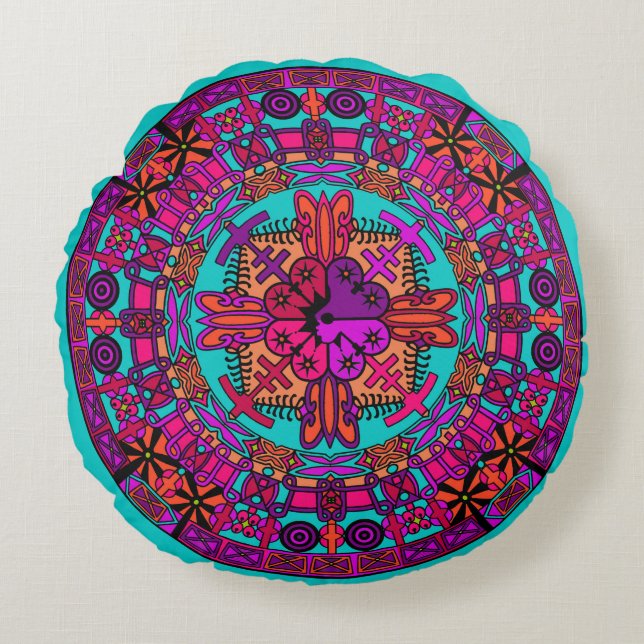 Mandala Floor Pillow-kussen - Blauwgroen Rond Kussen (Voorkant)