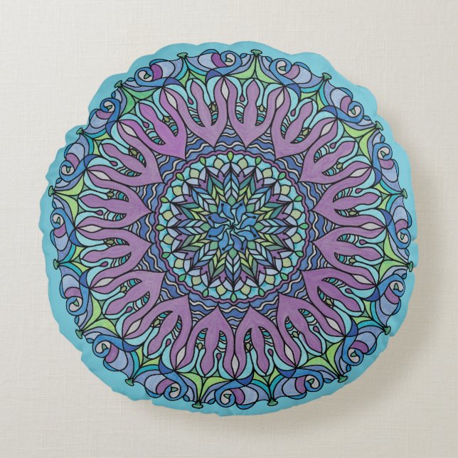 Mandala Floor Pillow-kussen - Teardrop Sky Blue Rond Kussen (Voorkant)