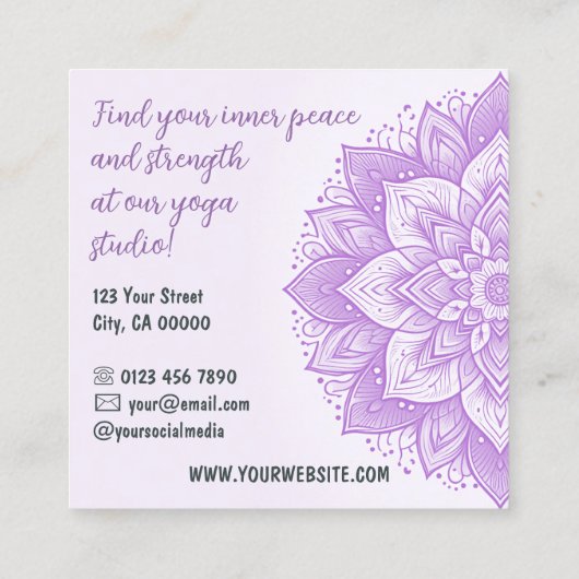 Mandala Floral Design Yoga Studio Paarse Pastel Vierkante Visitekaartje (Achterkant)