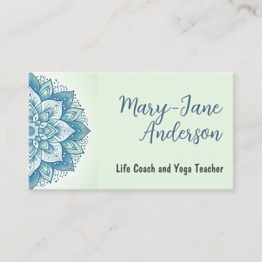 Mandala Floral Design Yoga Studio Pastel Mint Blau Visitekaartje (Voorkant)