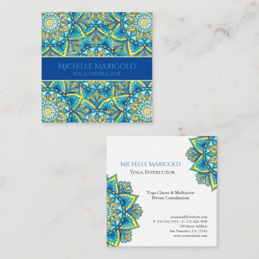 Mandala Floral Elegant Blue Yellow Yoga Instructor Vierkante Visitekaartje (Voorkant / Achterkant)