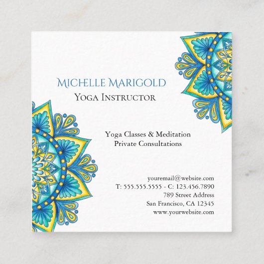Mandala Floral Elegant Blue Yellow Yoga Instructor Vierkante Visitekaartje (Achterkant)