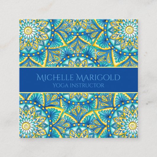 Mandala Floral Elegant Blue Yellow Yoga Instructor Vierkante Visitekaartje (Voorkant)