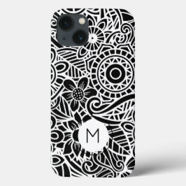 Mandala Floral Modern Monogram INITIAAL Zwart Wit Case-Mate iPhone Case