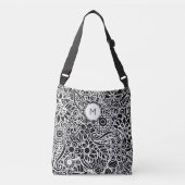 Mandala Floral Monogram Initiaal Zwart Wit Crossbody Tas (Voorkant)