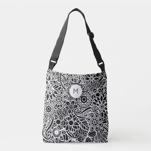 Mandala Floral Monogram Initiaal Zwart Wit Crossbody Tas (Voorkant)