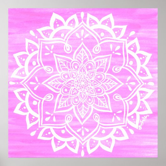 Mandala Floral Pink White Waterverf Poster (Voorkant)