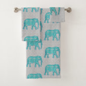 Mandala Flower Elephant, Turquoise, Grey & White Bad Handdoek (Insitu)