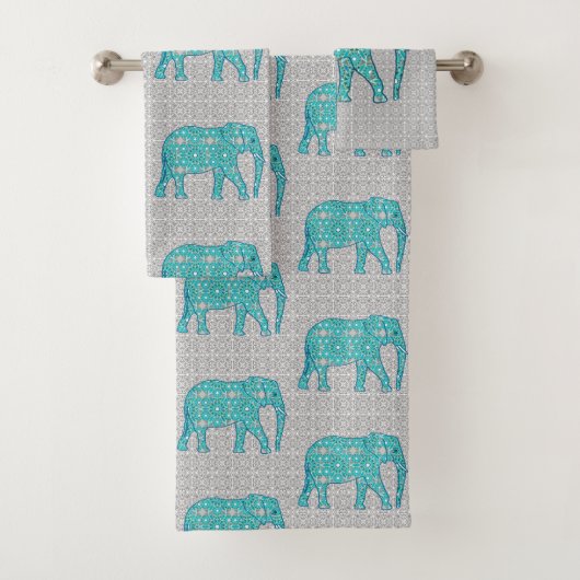 Mandala Flower Elephant, Turquoise, Grey & White Bad Handdoek (Insitu)