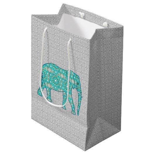Mandala Flower Elephant, Turquoise, Grey & White Medium Cadeauzakje (Voorkant Gekanteld)