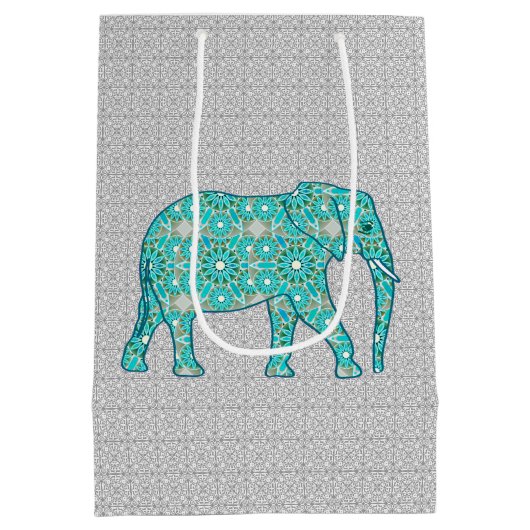 Mandala Flower Elephant, Turquoise, Grey & White Medium Cadeauzakje (Achterkant)