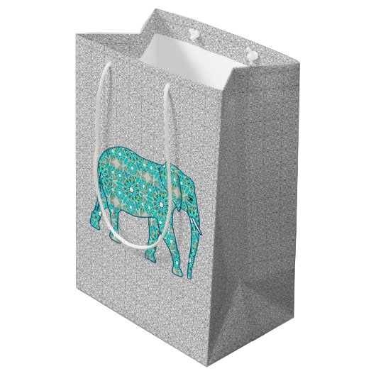 Mandala Flower Elephant, Turquoise, Grey & White Medium Cadeauzakje (Achterkant Gekanteld)