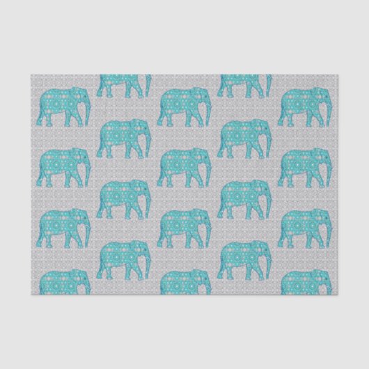 Mandala Flower Elephant, Turquoise, Grey & White Tissuepapier (Voorkant)