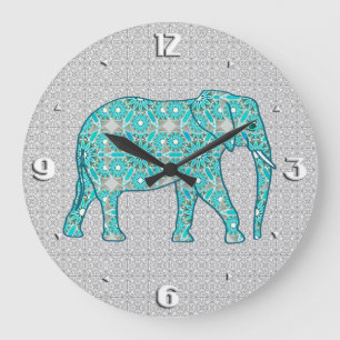 Mandala flower elephant - turquoise, grijs & wit grote klok