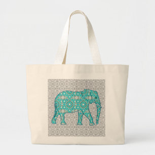 Mandala flower elephant - turquoise, grijs & wit grote tote bag
