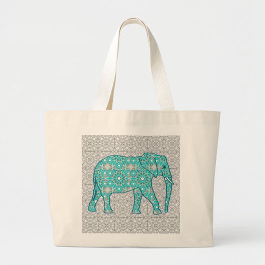 Mandala flower elephant - turquoise, grijs & wit grote tote bag (Voorkant)