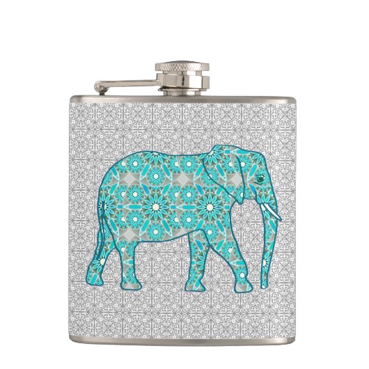 Mandala flower elephant - turquoise, grijs & wit heupfles (Voorkant)