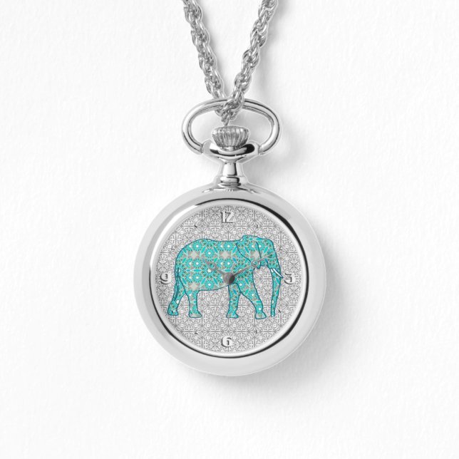 Mandala flower elephant - turquoise, grijs & wit horloge (Voorkant)