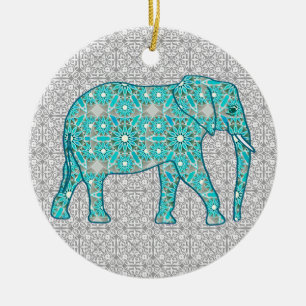 Mandala flower elephant - turquoise, grijs & wit keramisch ornament