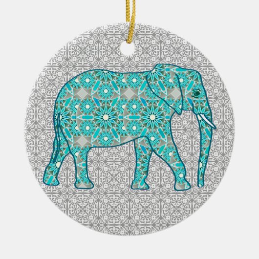 Mandala flower elephant - turquoise, grijs & wit keramisch ornament (Voorkant)