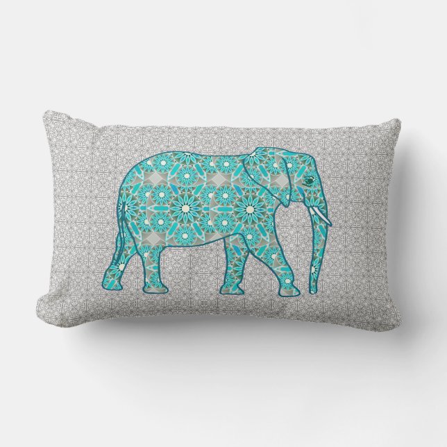 Mandala flower elephant - turquoise, grijs & wit kussen (Voorkant)