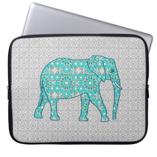 Mandala flower elephant - turquoise, grijs & wit laptop sleeve