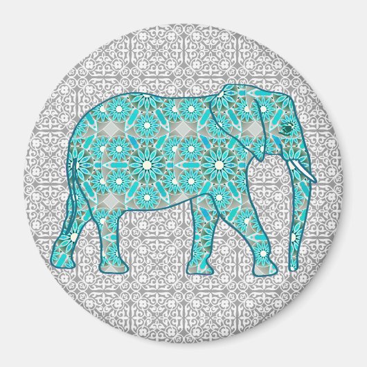 Mandala flower elephant - turquoise, grijs & wit magneet (Voorkant)
