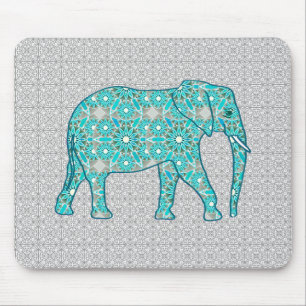 Mandala flower elephant - turquoise, grijs & wit muismat