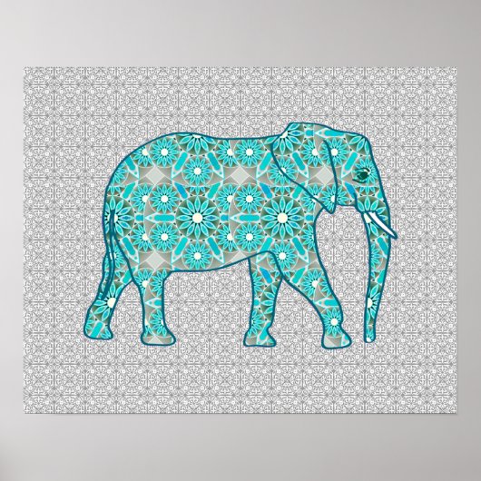 Mandala flower elephant - turquoise, grijs & wit poster (Voorkant)